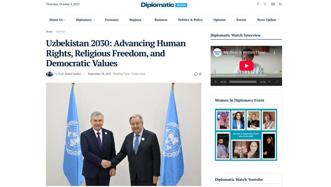 AQSHning “The Diplomatic Watch” nashrida Yangi O‘zbekiston hayotiga bag‘ishlangan maqola chiqdi