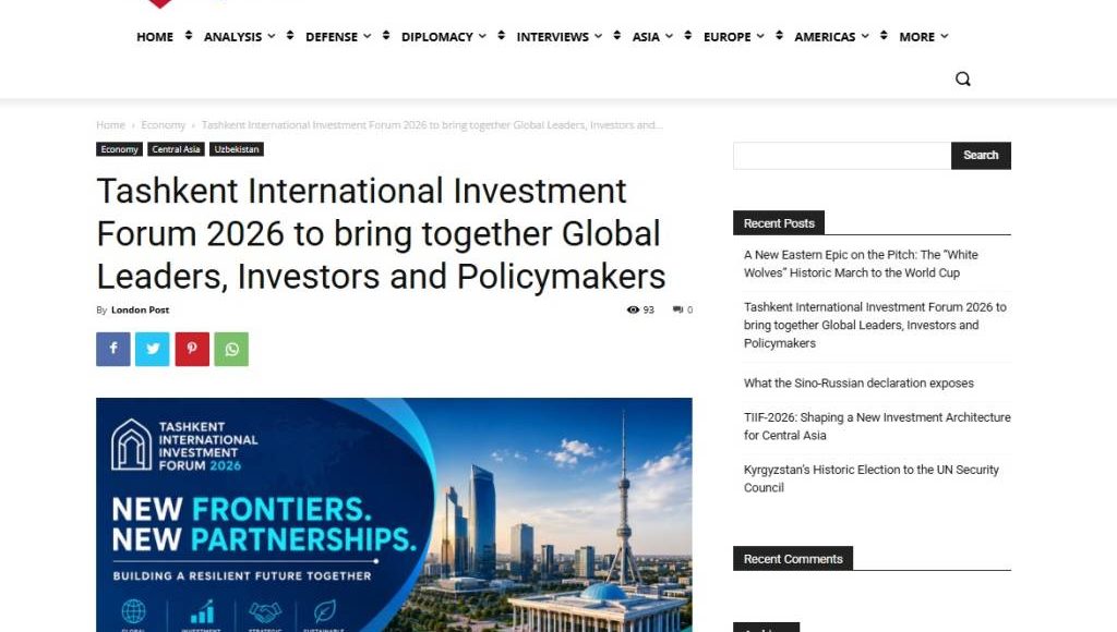 Toshkent xalqaro investitsiya forumi xorijiy nashrlar nigohida
