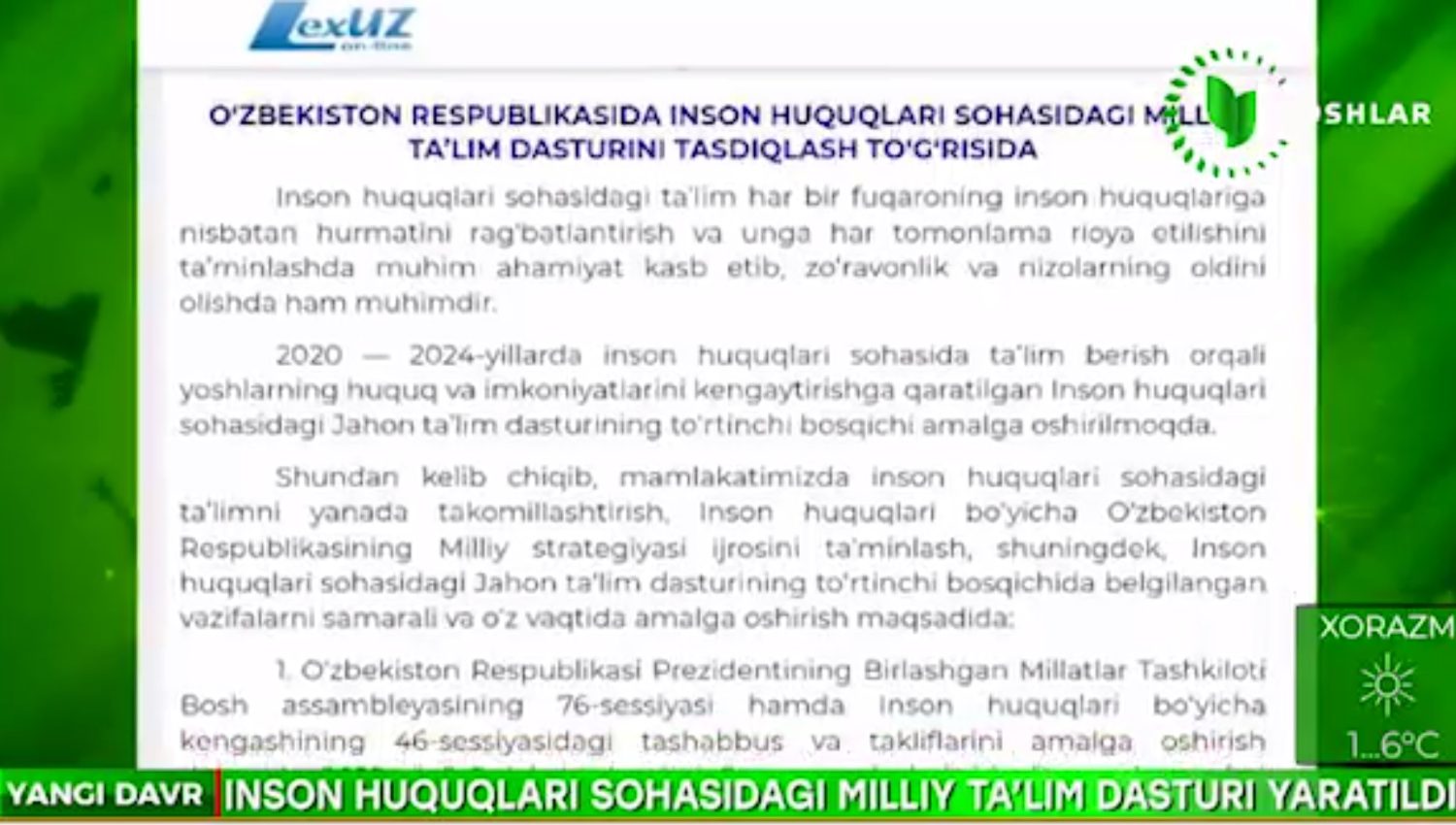 Inson huquqlari sohasidagi milliy ta’lim  dasturi tasdiqlandi