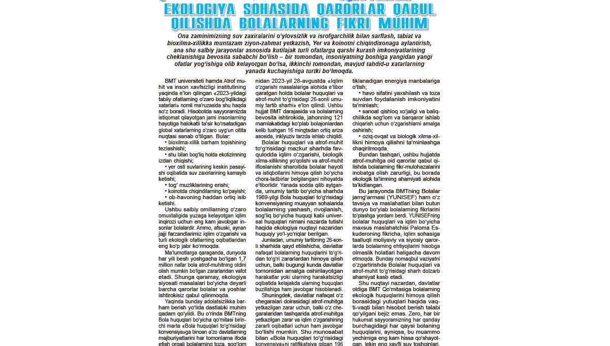 Ekologiya sohasida qarorlar qabul qilishda bolalarning fikri muhim